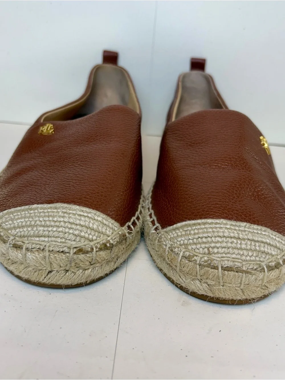 New Lauren Ralph Lauren Brown Pebbled Leather Espadrille Flats size 8